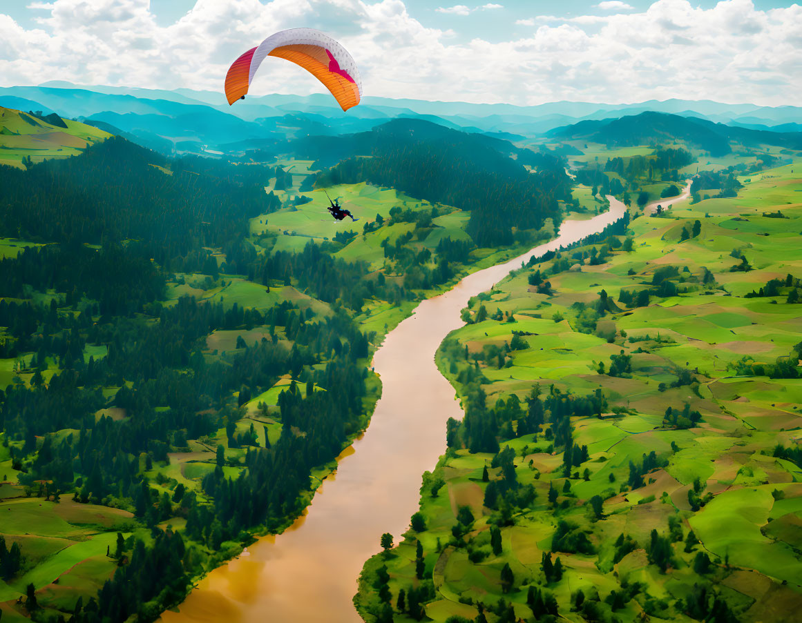 Paraglider flying over winding river and lush green landscape