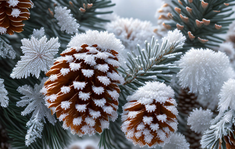 Frost-covered pine cones and needles with ice crystals on wintry backdrop