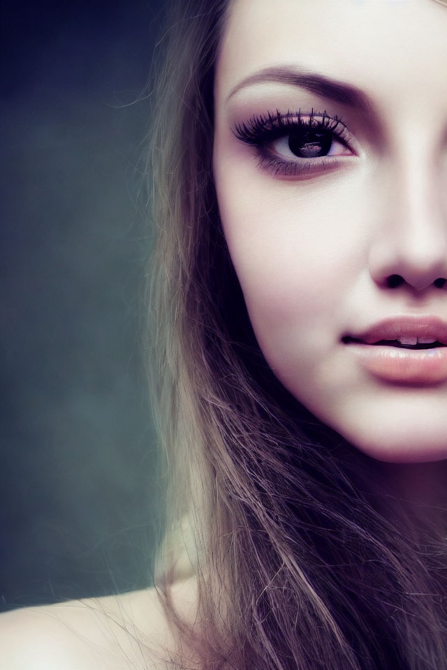 Detailed Close-Up of Woman's Face with Prominent Eyelashes and Subtle Makeup