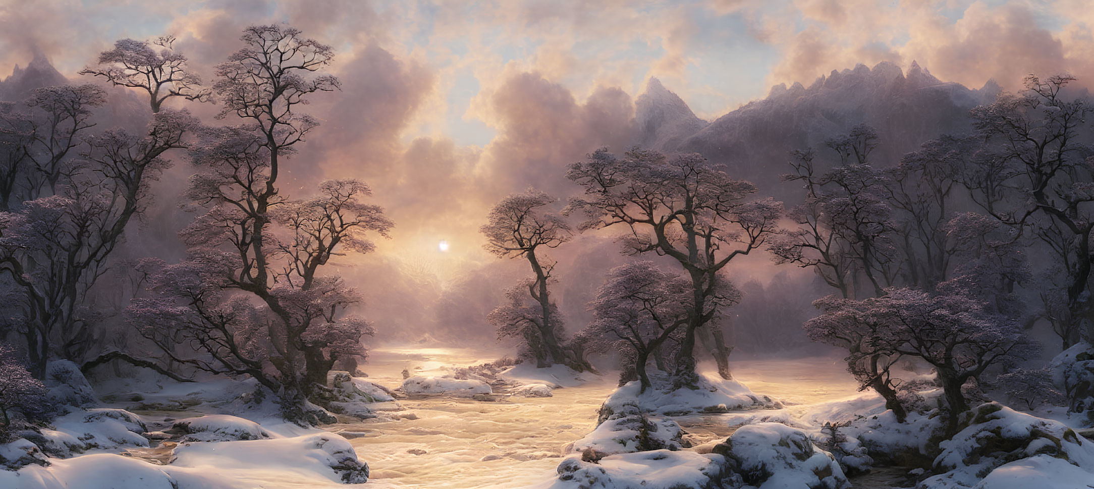 Snow-covered trees and frozen river in tranquil winter scene at sunrise.