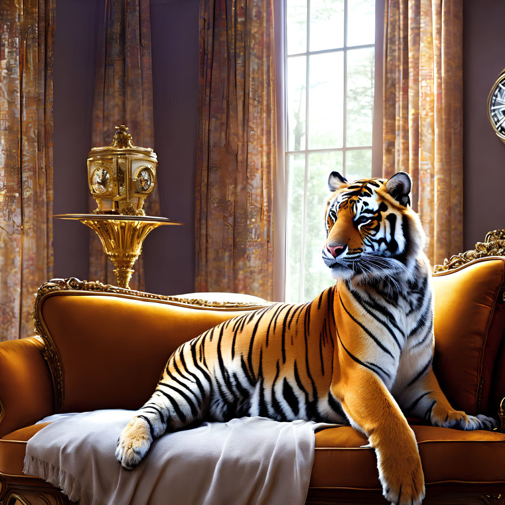 Tiger resting on golden couch in luxurious room