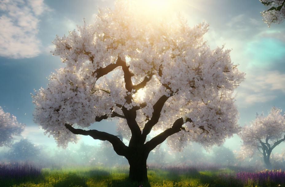 Flourishing cherry blossom tree in golden sunlight and misty meadow