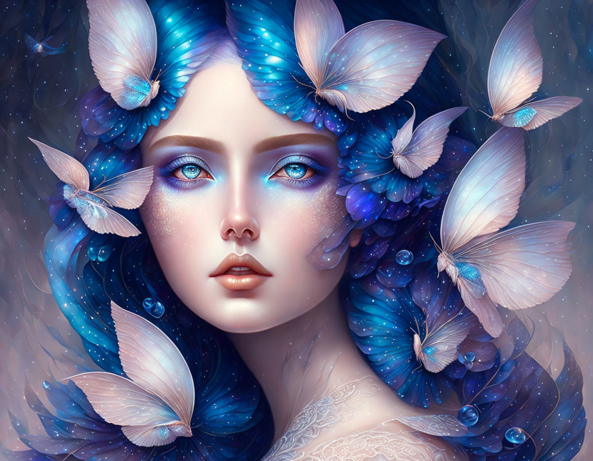 Fantastical portrait: Woman with blue hair, luminescent butterflies, floral patterns, starry