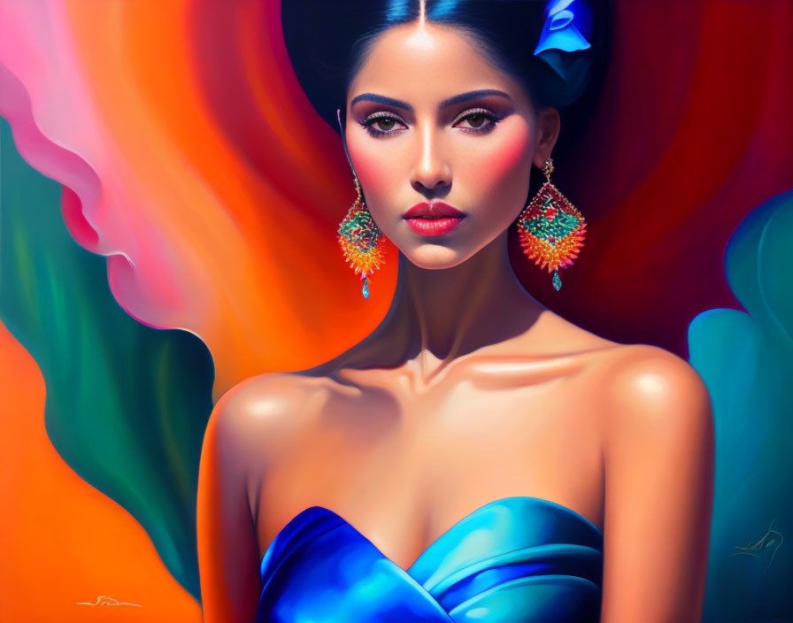 Colorful portrait of woman in blue dress with vibrant background