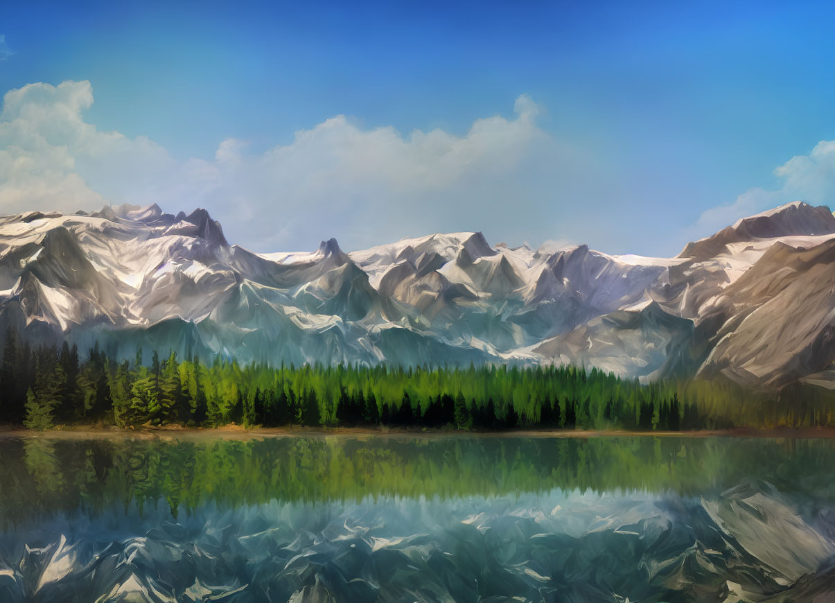 Snowy Peaks and Pine Forest: Serene Mountain Landscape Reflection