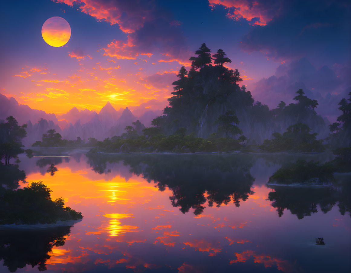 Scenic sunset landscape with full moon over serene lake