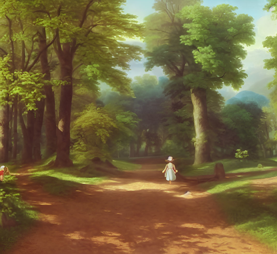 Woman walking in serene forest landscape surrounded by tall trees