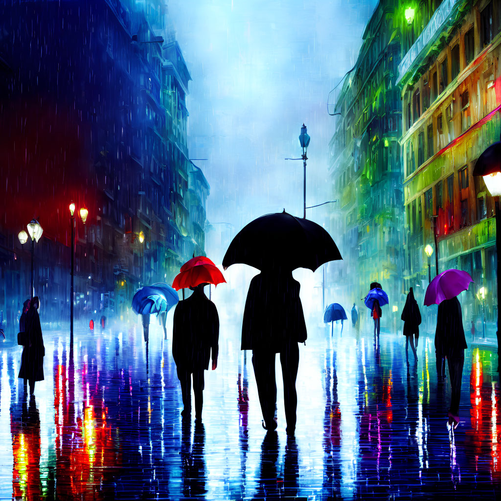 Nighttime city street scene: people with colorful umbrellas walking on wet, reflective pavement under rain and