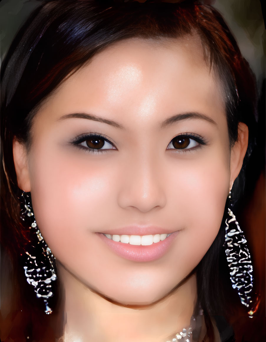 Smiling woman portrait with long earrings and dark hair