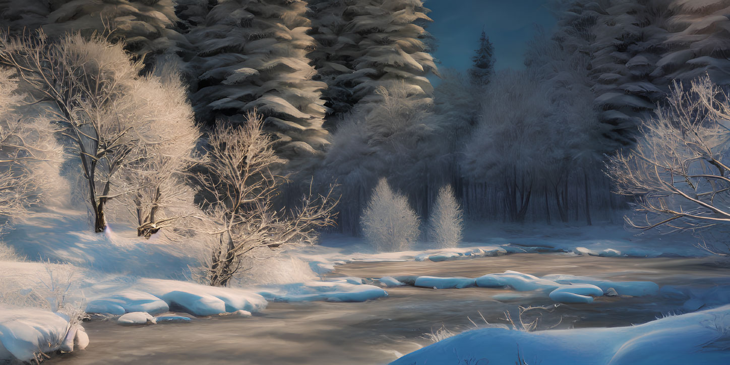 Snow-covered trees and frozen creek in serene winter setting with soft glow at dawn or dusk