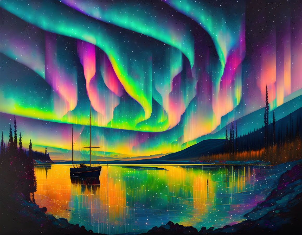 Northern lights painting: colorful aurora over mountain lake