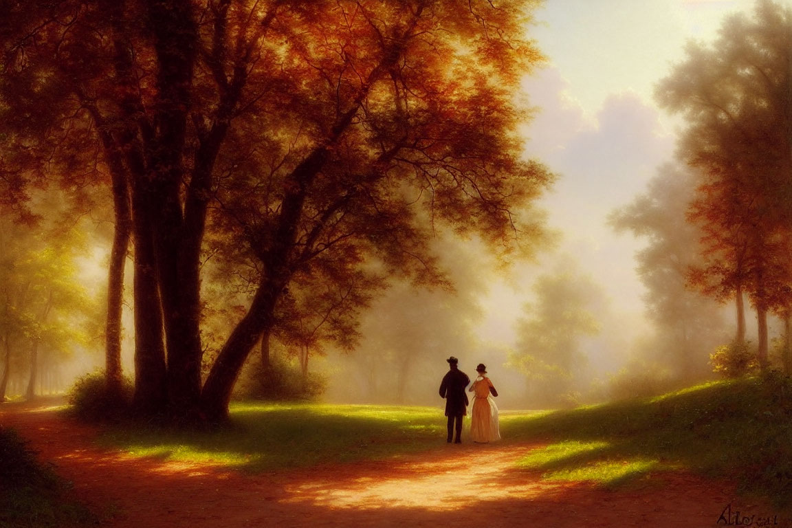 Sunlit autumn walk on tree-lined path with glowing haze.