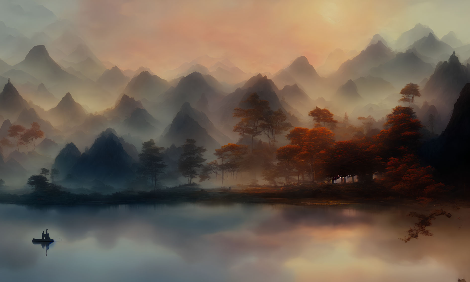 Misty Mountain Landscape with Reflective Lake at Dawn
