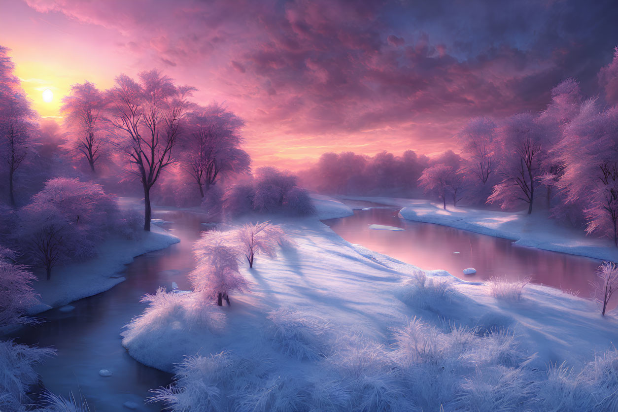 Snow-covered trees by winding river under pink and purple sky