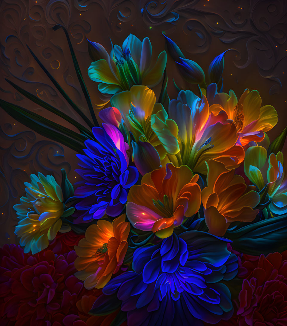 Colorful luminescent flowers on dark embossed background