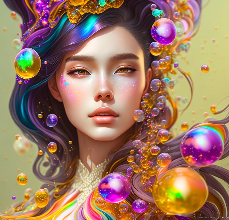 Multicolored hair portrait with golden accents and iridescent bubbles