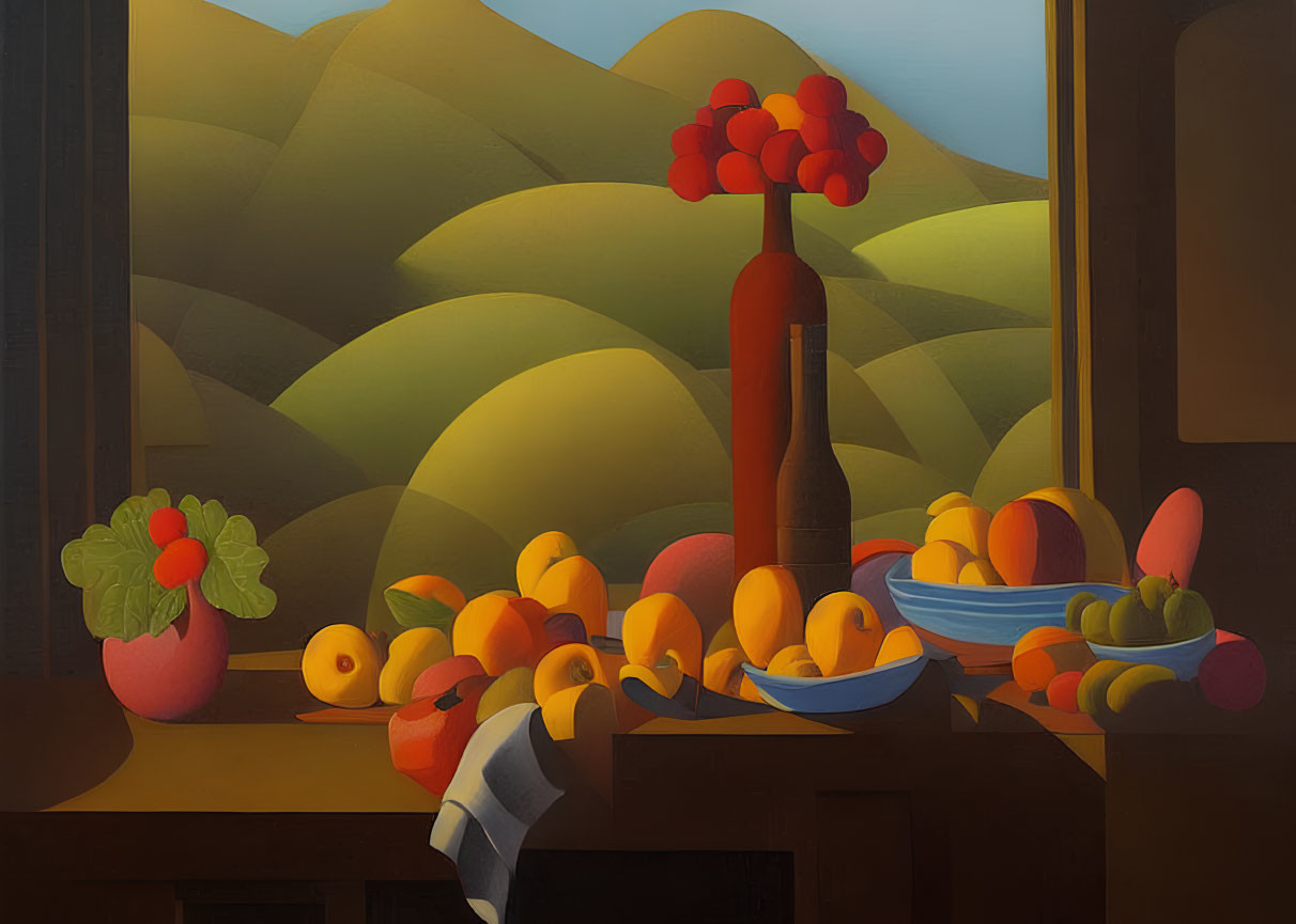 Classic Still Life with Fruit Bowl, Red Flowers, and Rolling Hills View