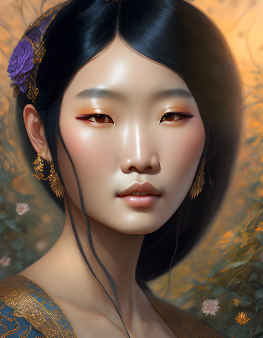 Asian woman with serene expression in digital portrait wearing orange eyeshadow and gold earrings