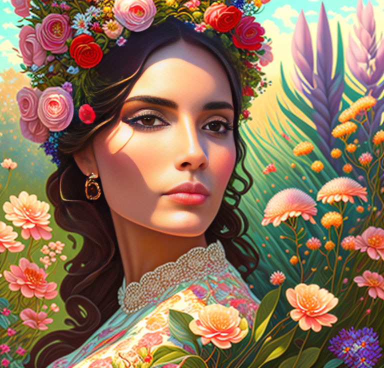 Woman with Floral Crown Surrounded by Vibrant Flowers