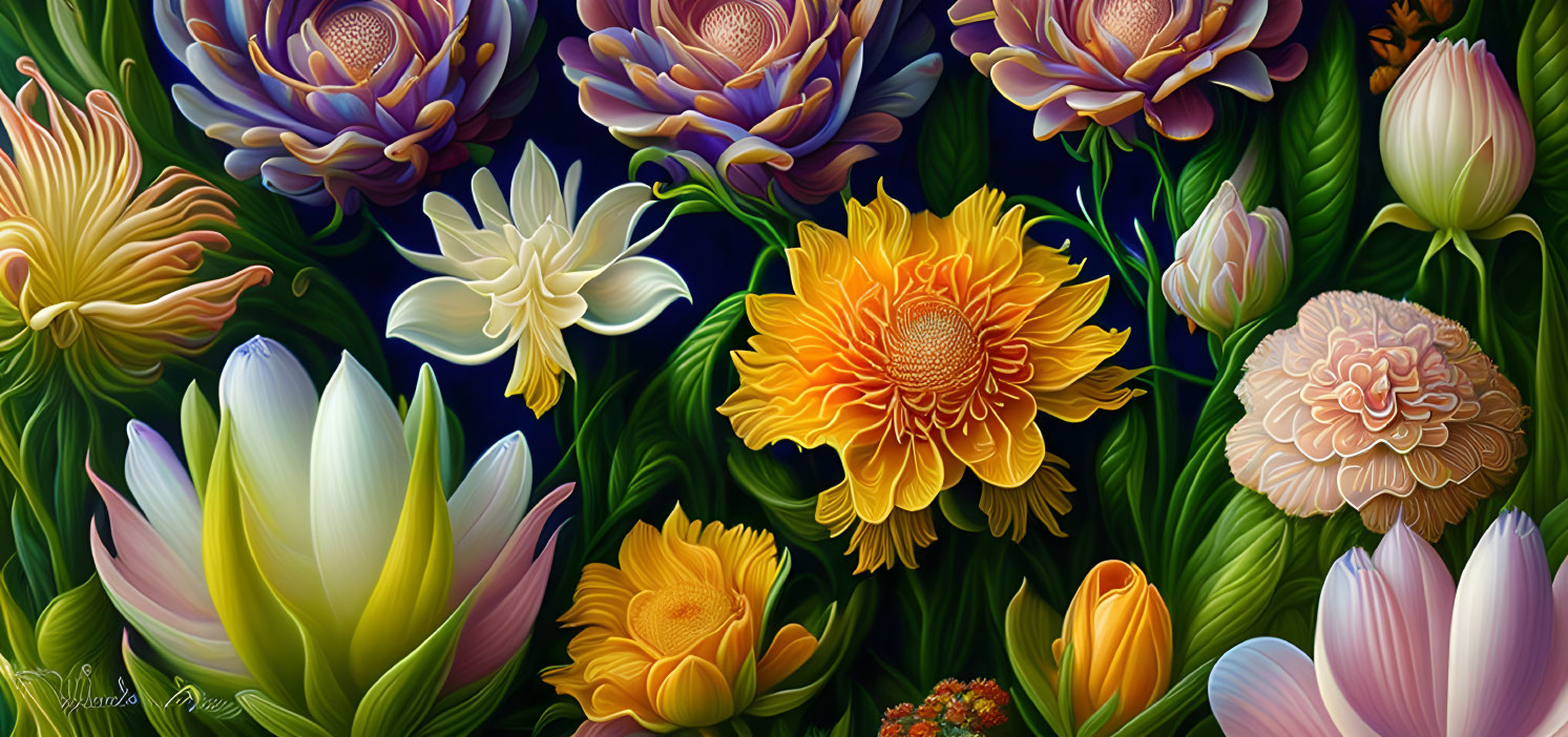 Colorful Flower Painting with Detailed Blooms on Dark Background