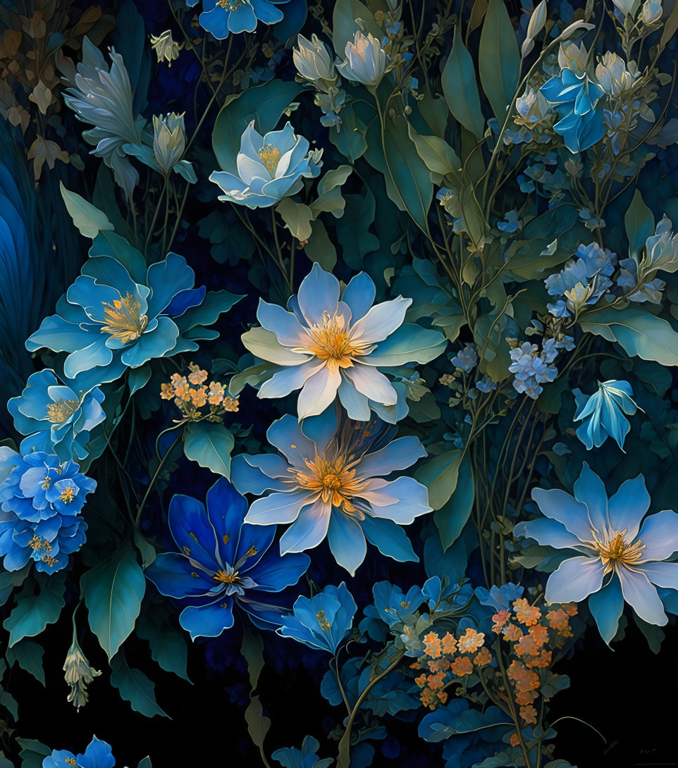 Blue and White Flowers with Green Leaves on Dark Background