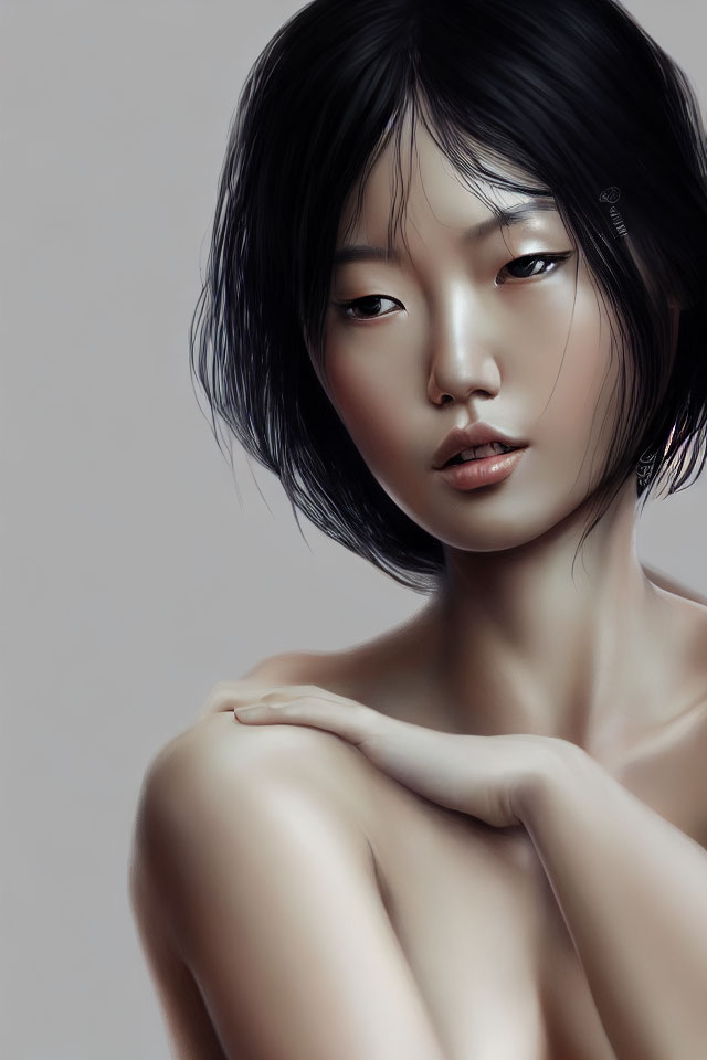 East Asian Woman with Short Black Hair in Digital Portrait