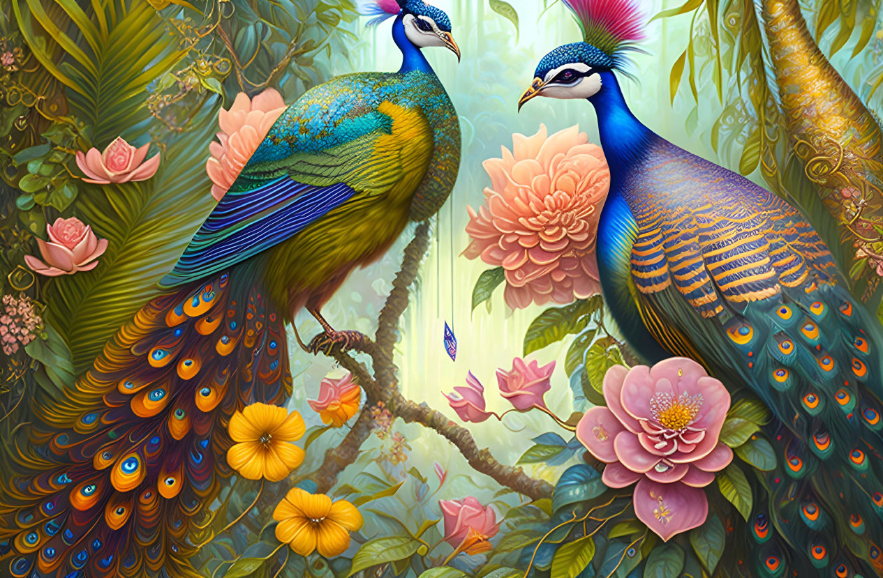 Colorful Peacocks in Lush Flora with Detailed Feathers