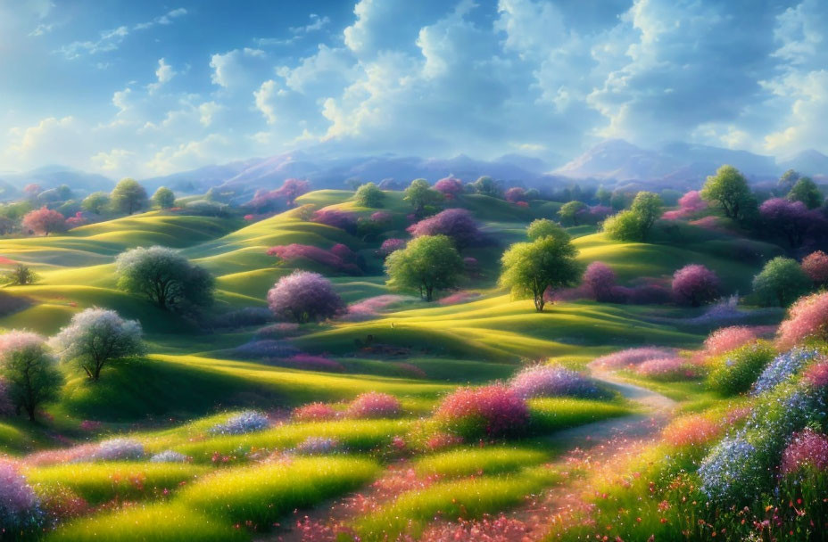 Colorful landscape with green hills, wildflowers, trees, path, mountains, and cloudy sky