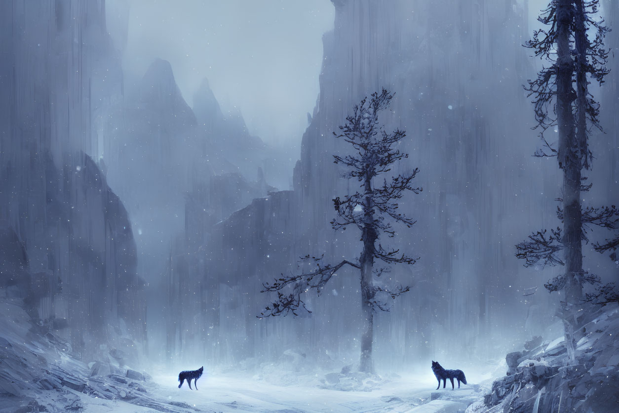 Snowy landscape with two wolves and mountain peaks