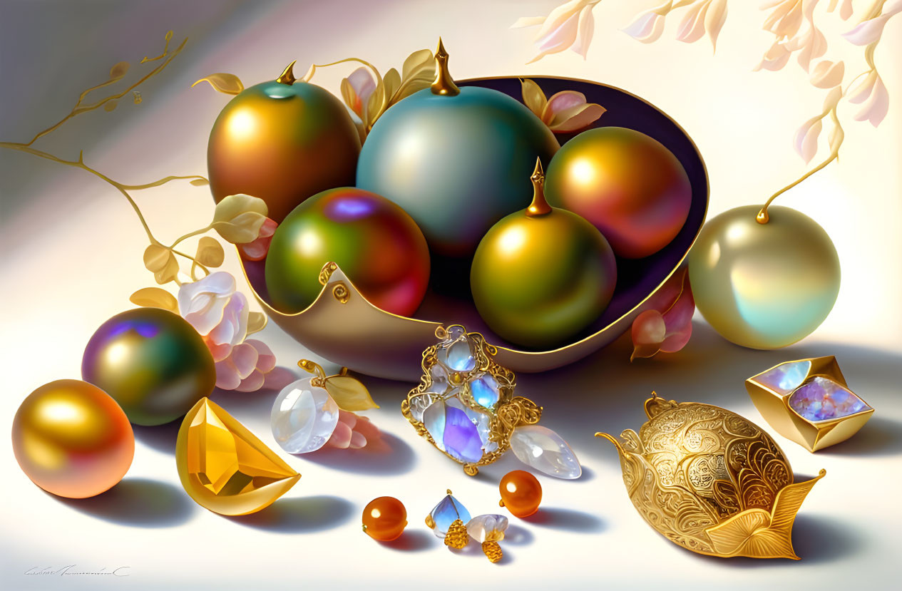 Colorful orbs, golden jewelry, and flowering branches in still life.