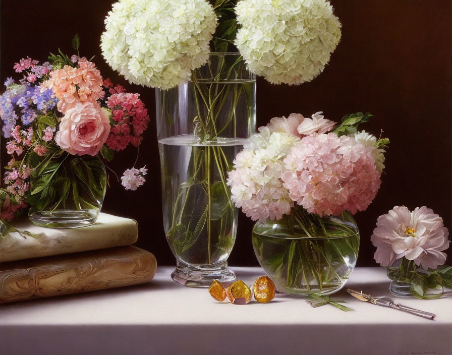 Floral still life painting with vases, parchment, scissors, and gemstones