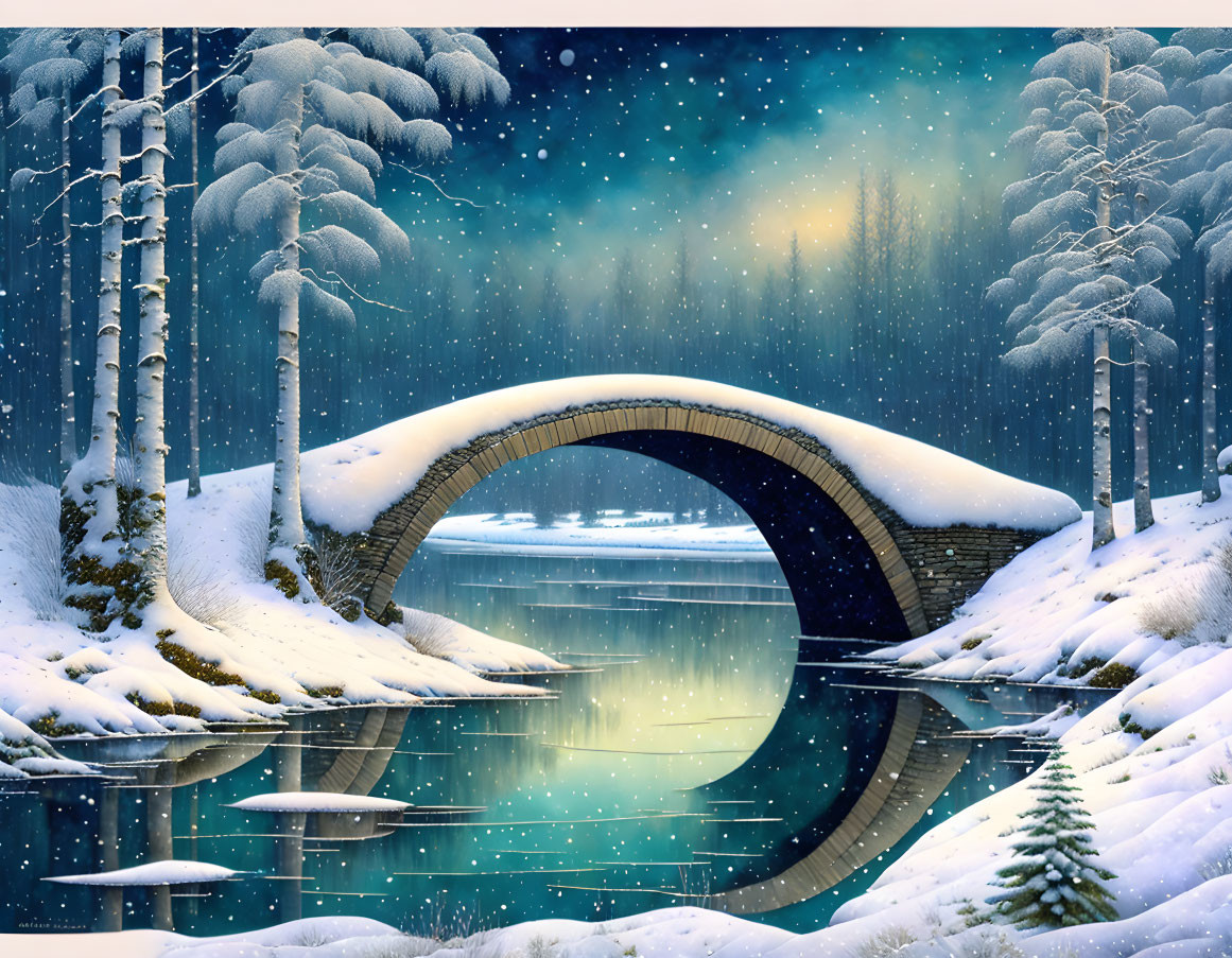 Tranquil winter landscape with stone bridge, snowy trees, and starlit sky