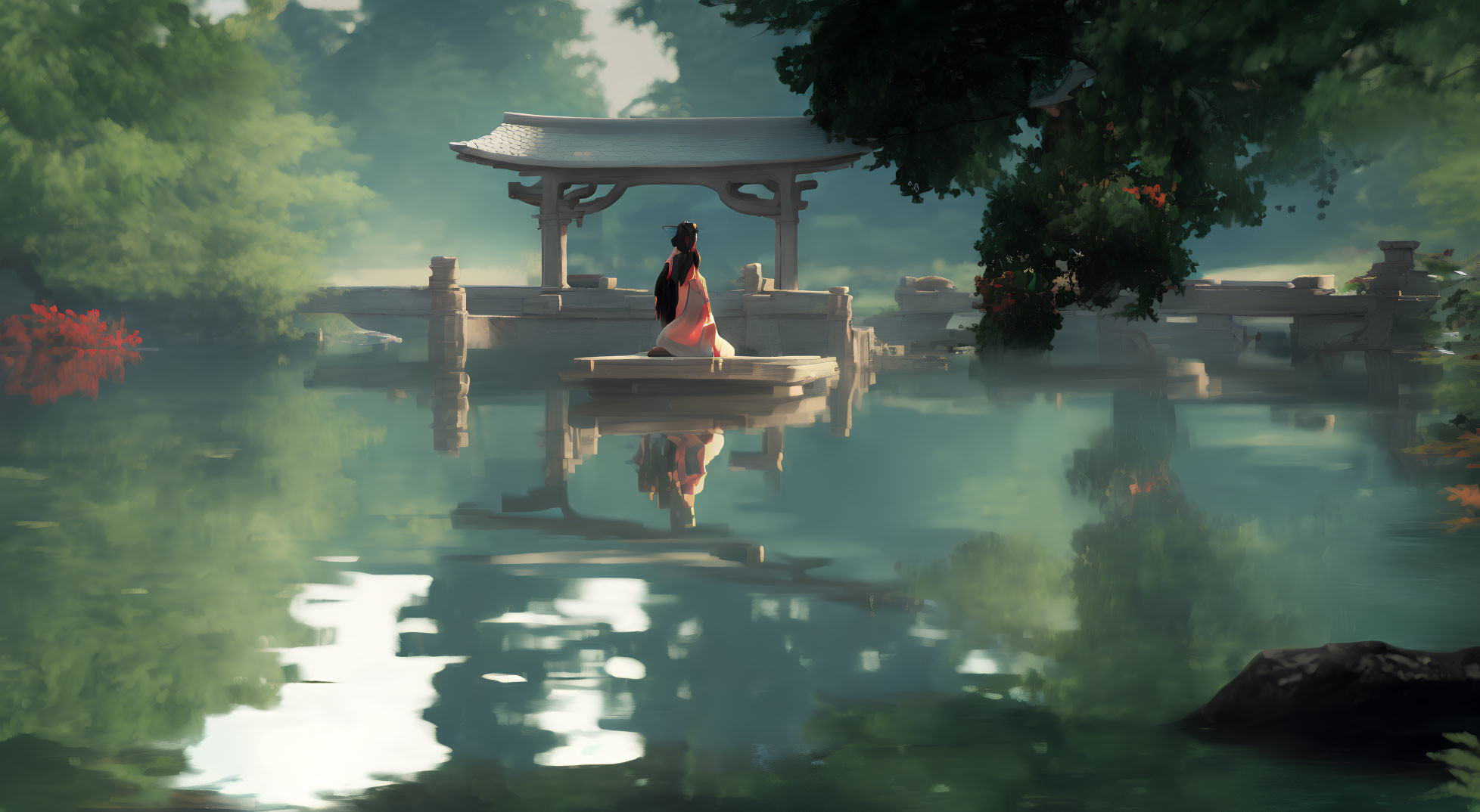 Traditional Attire Person on Pier by Tranquil Lake with Gazebo