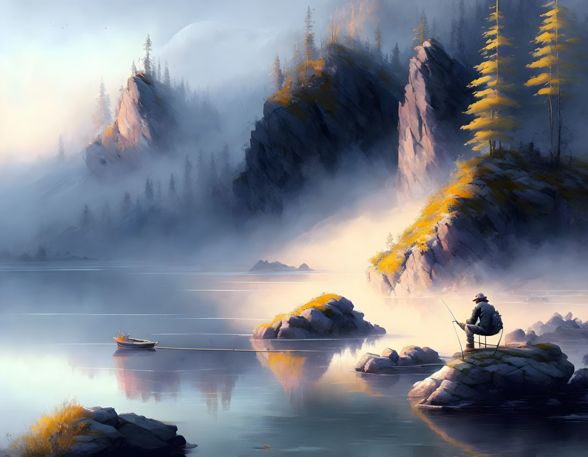 Tranquil lakeside dawn with misty mountains, person on rock, canoe, autumn trees