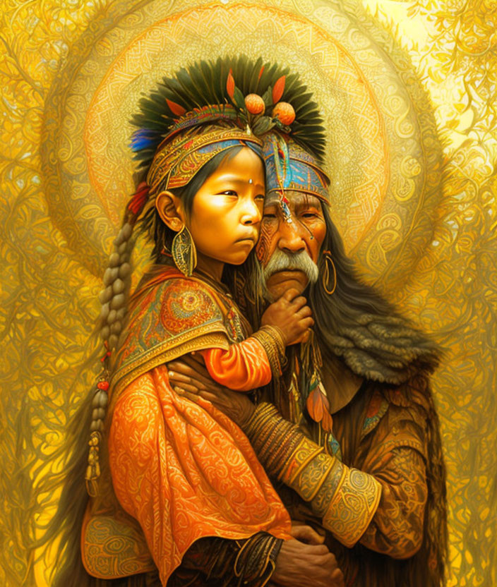 Elder and child in traditional attire embrace against ornate background