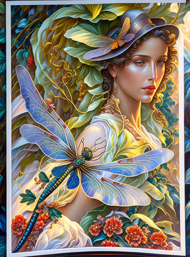 Colorful portrait of a woman with dragonfly wings and floral hat in nature setting