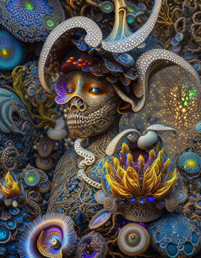 Colorful artwork of stylized figure with decorated skull & intricate horns in rich jewel tones.