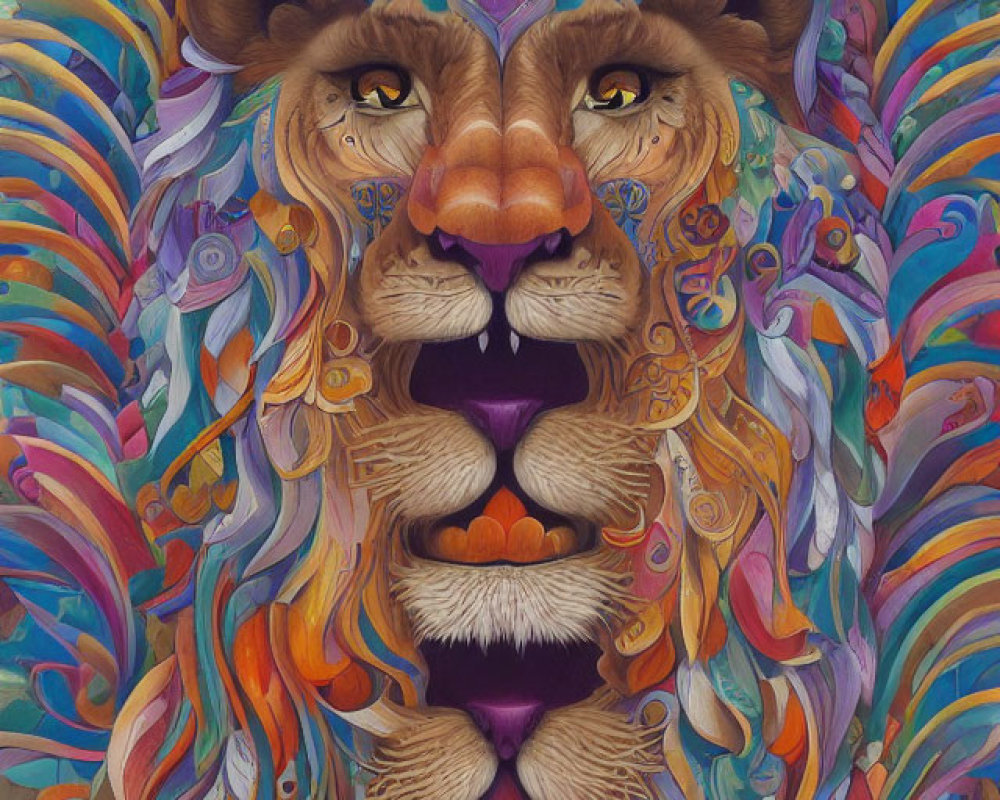 Colorful Lion Illustration with Intricate Patterns and Psychedelic Swirls