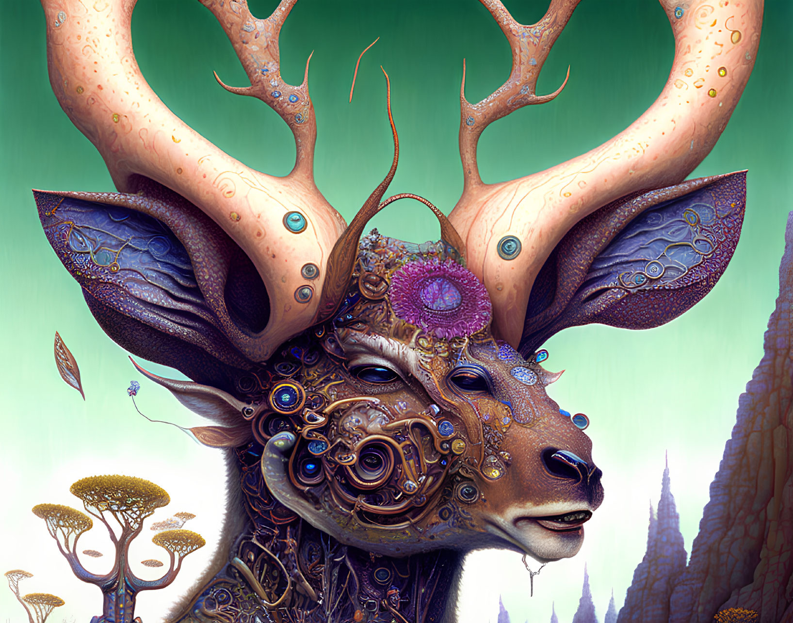 Surreal stag illustration with intricate mechanical and steampunk features