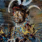 Colorful artwork of stylized figure with decorated skull & intricate horns in rich jewel tones.