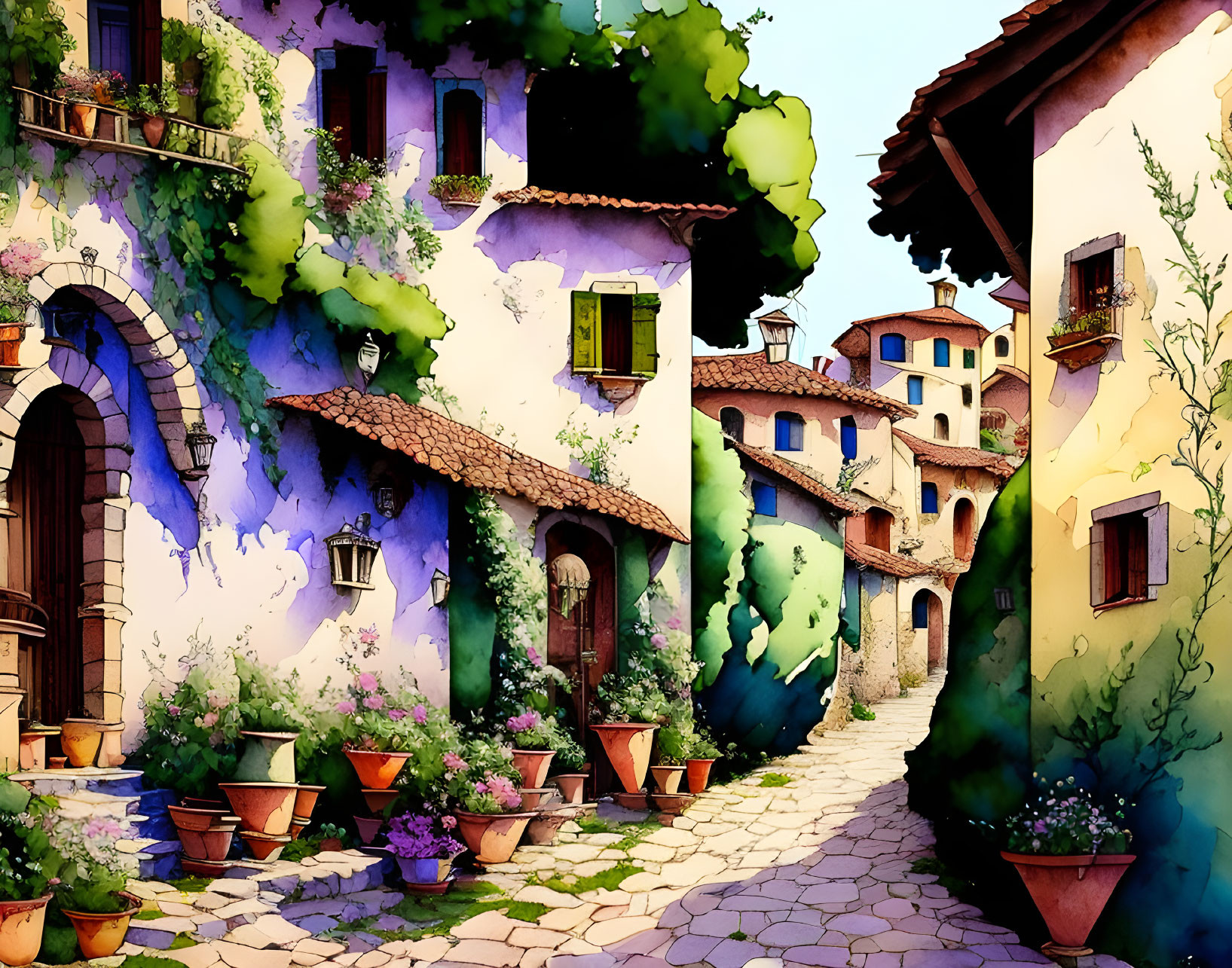 Vibrant village street illustration with cobblestones and flowers