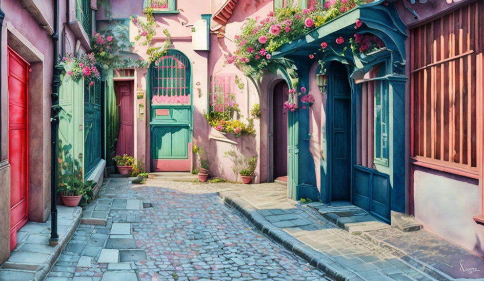 Picturesque European cobblestone street with pastel houses and blooming flowers