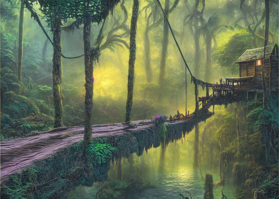 Misty forest scene with wooden cabin on stilts and rope bridge