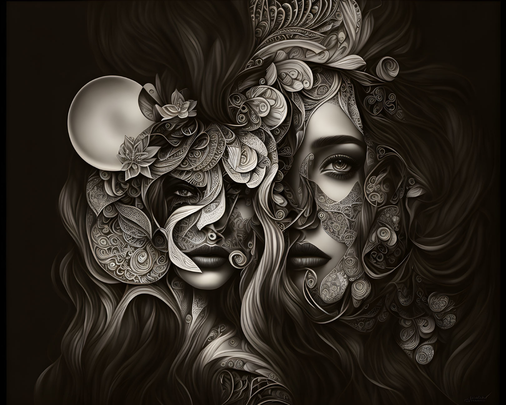 Monochromatic digital artwork: Two female faces with lace and floral motifs