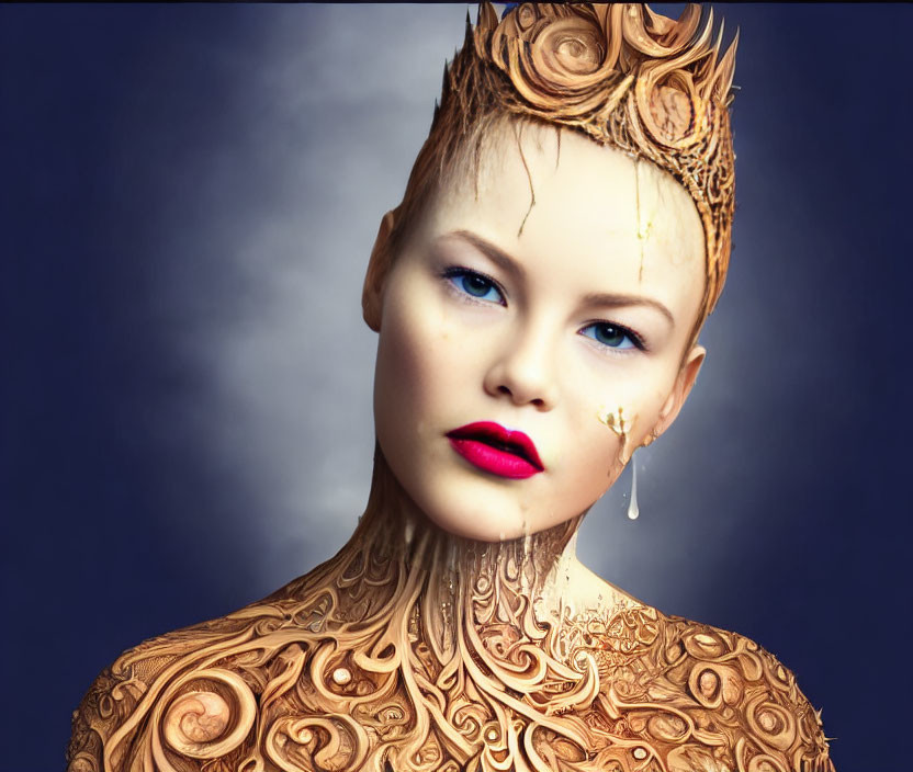 Stylized portrait of a woman with golden ornamental crown and body art on blue background with cracked