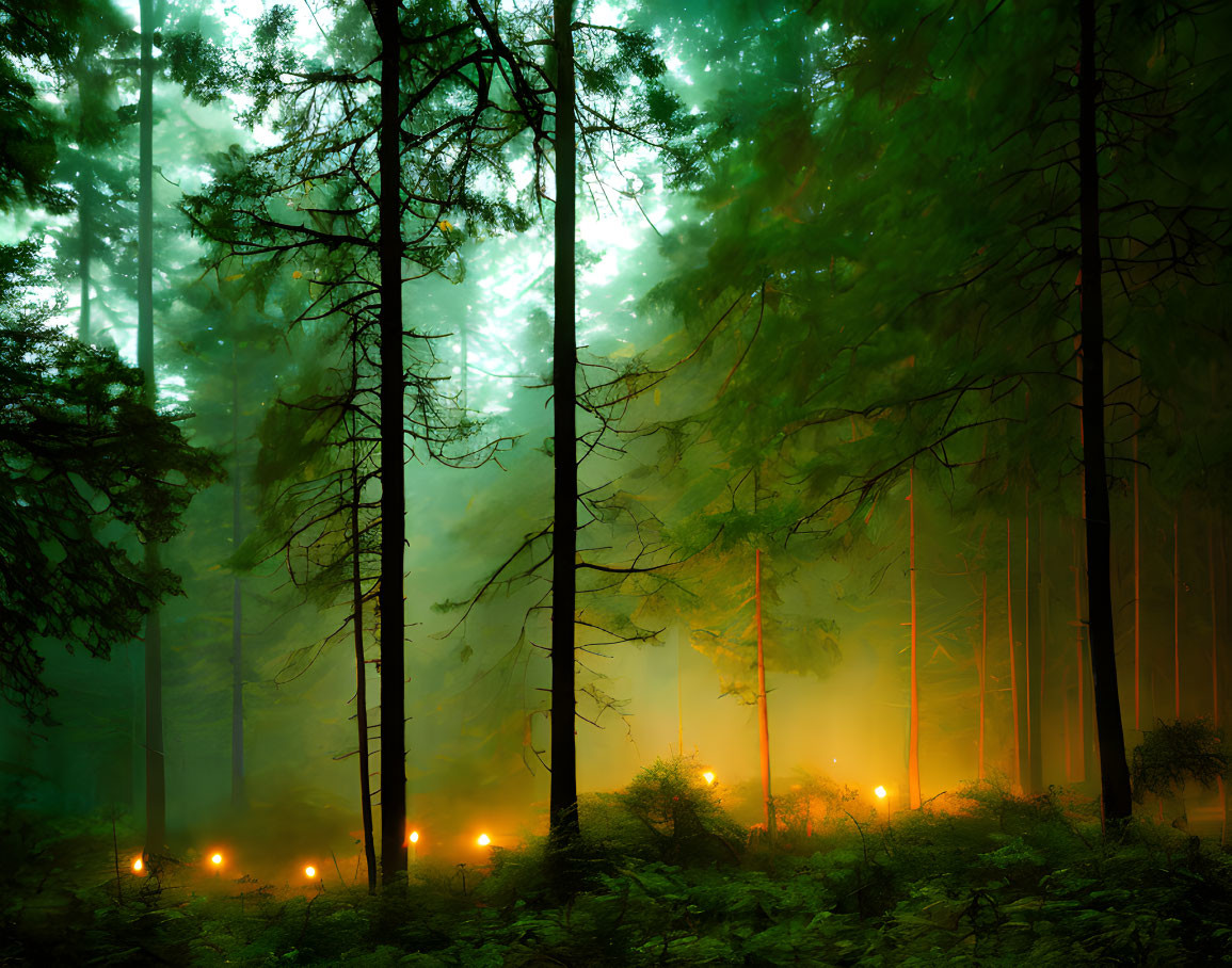 Misty green forest with tall trees and glowing lights