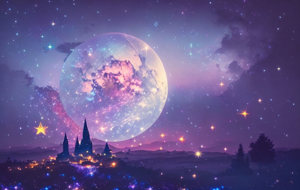 Detailed moon and twinkling stars in a twilight fantasy landscape