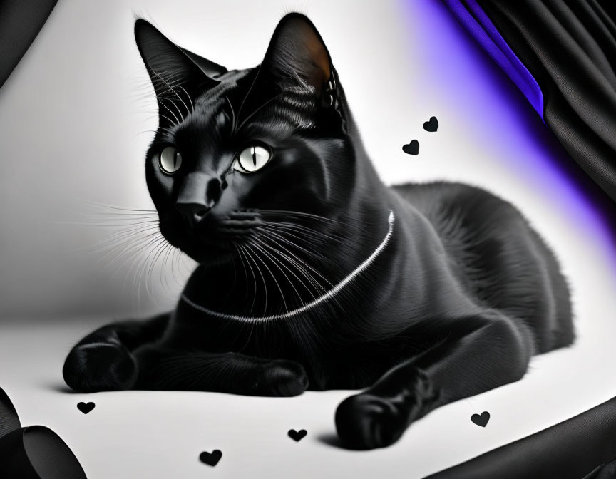 Black Cat with Green Eyes and Collar Surrounded by Hearts on Blurred Background