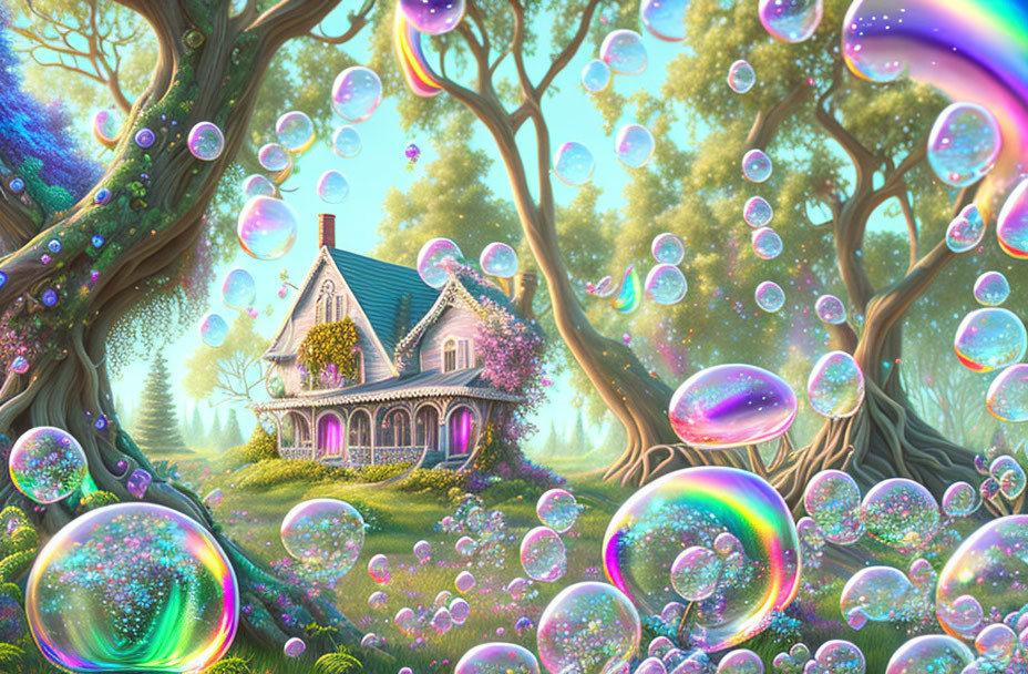 Colorful soap bubbles in whimsical forest setting