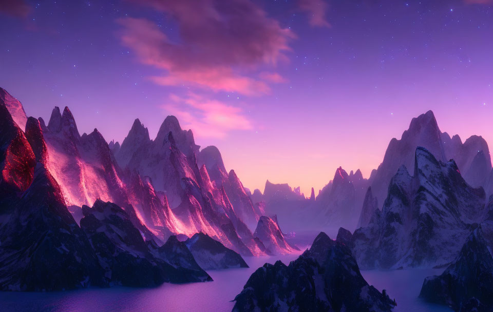 Purple skies over pink-glowing mountains reflected in a calm lake